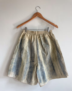 Hand-Painted Cotton Twill High-Waisted Shorts - Indigo Stripe