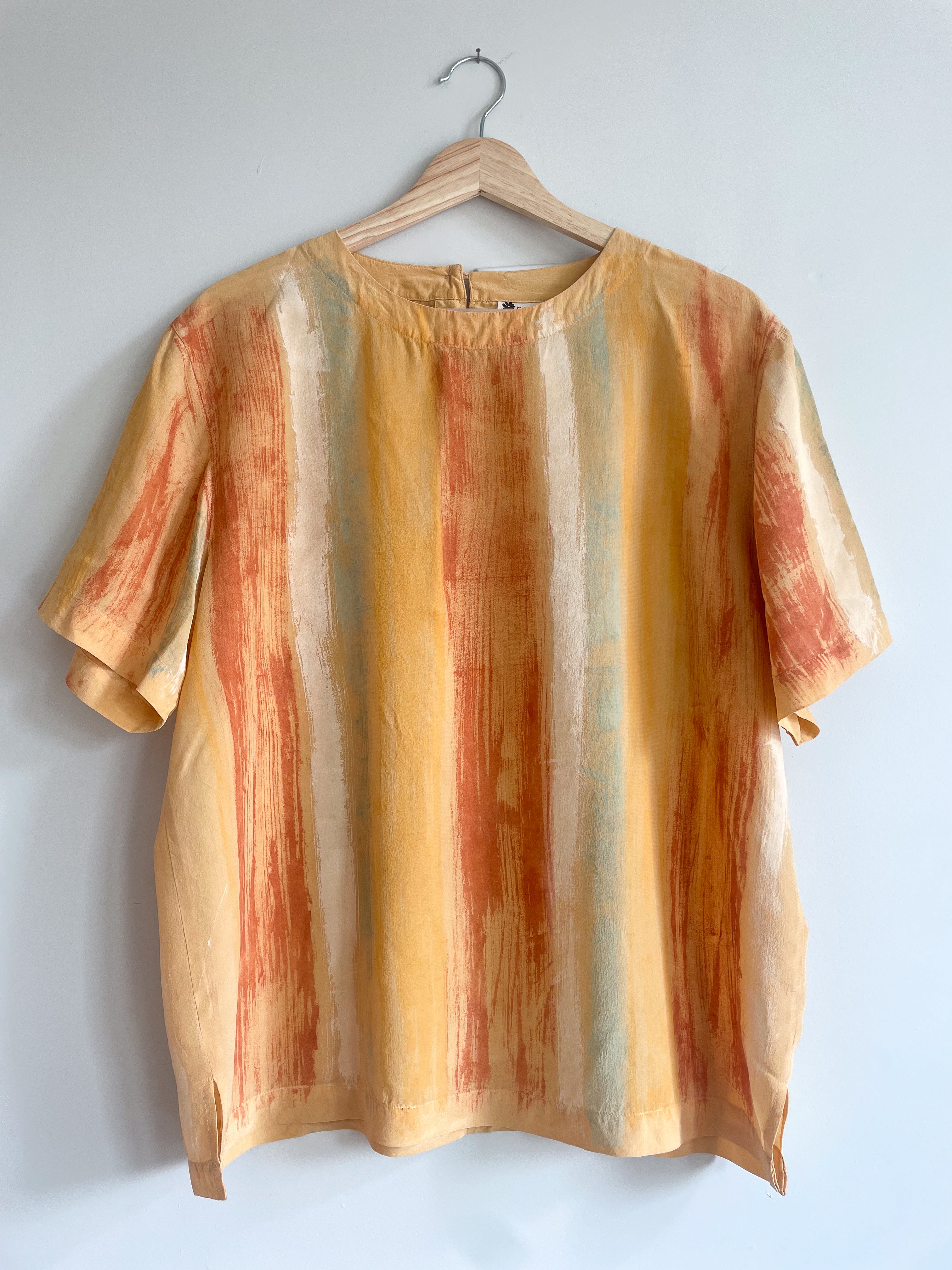 Hand-Painted Silk Short Sleeve Top - Pigment Stripes