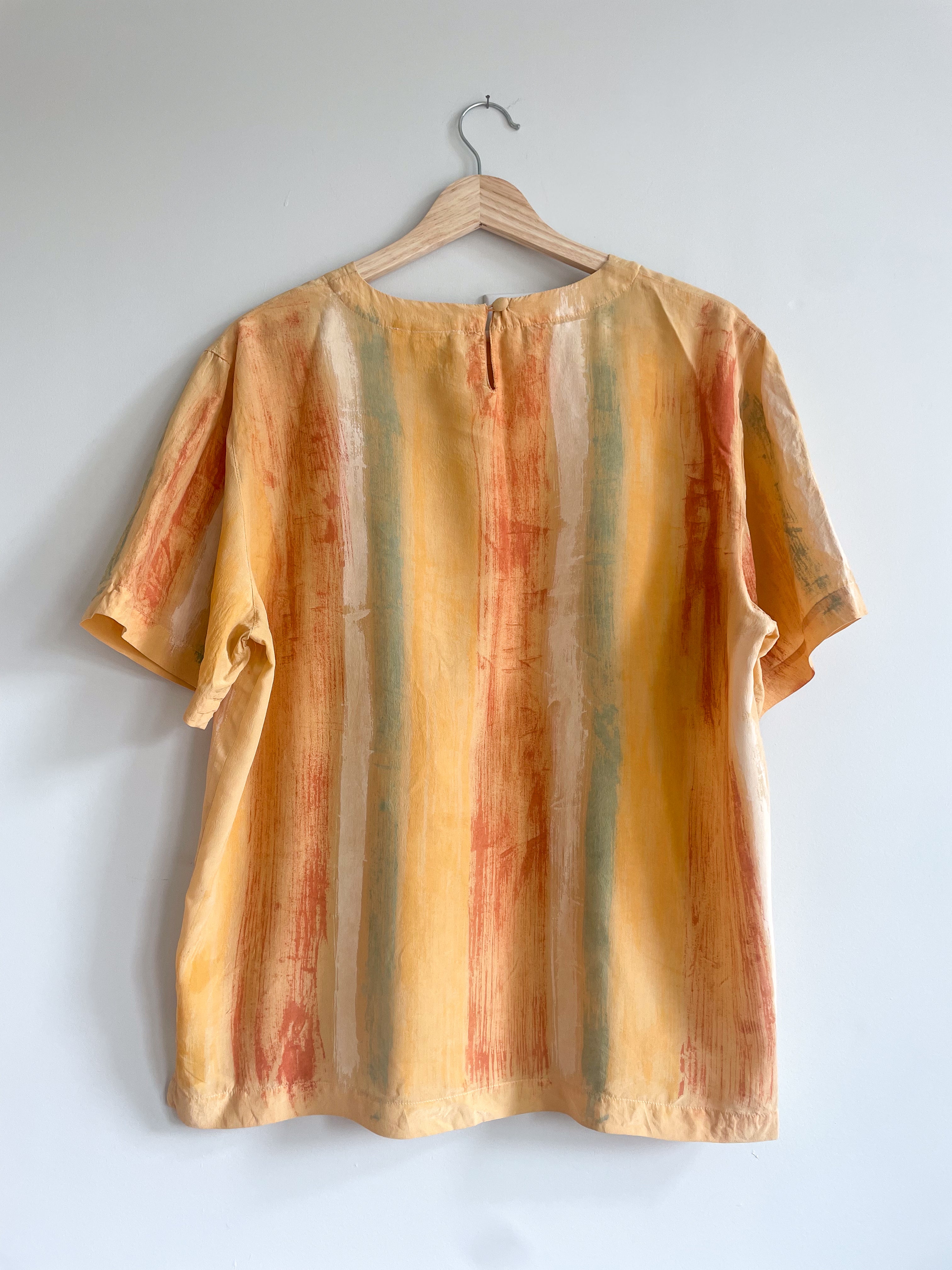 Hand-Painted Silk Short Sleeve Top - Pigment Stripes