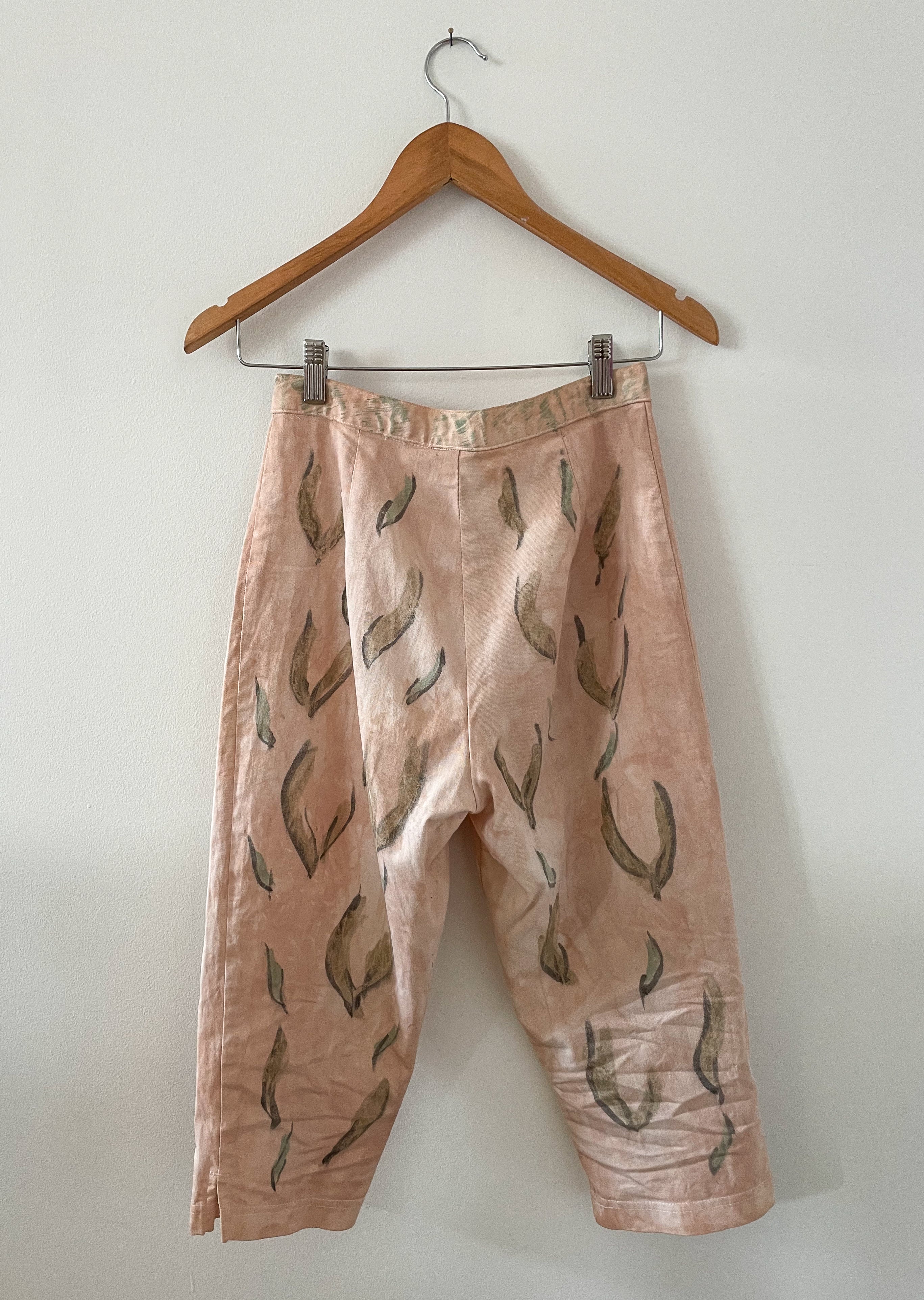 Hand-Painted Cotton Twill High-Waisted Trousers - Sage Leaf